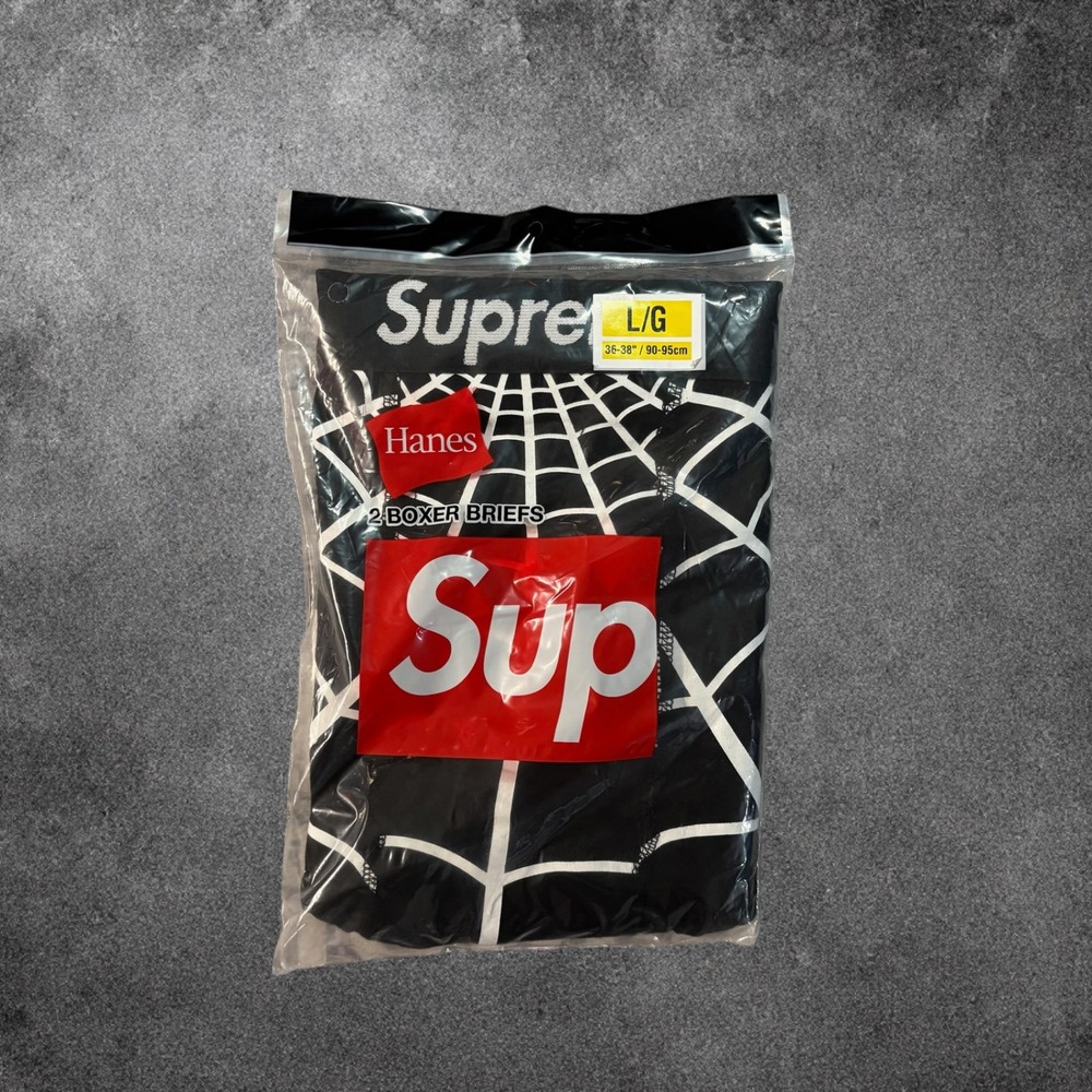 Supreme Hanes Spider-Man Web Boxer Briefs Mens Large Black 2-Pack SS26A66 NWT